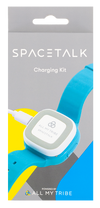 Product box design depicting a charging kit with a USB cable inserted on the side, is plugged into a Spacetalk Kids watch